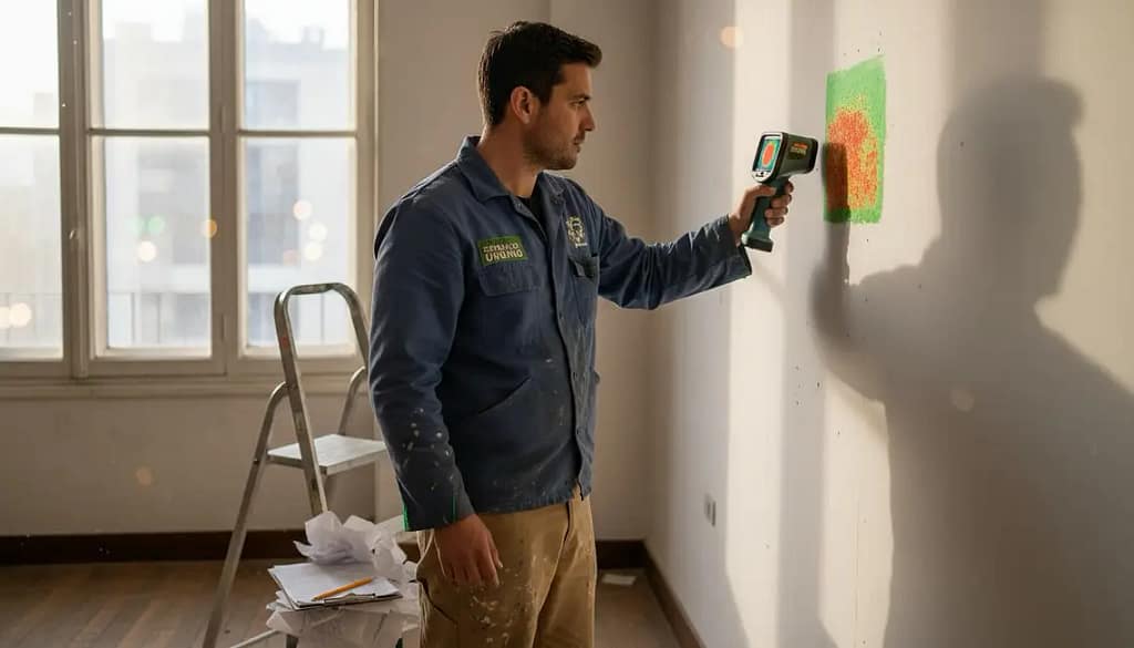 Experto en humedades comprobando con sistemas tecnologicamente avanzados el nivel de humedad de una pared