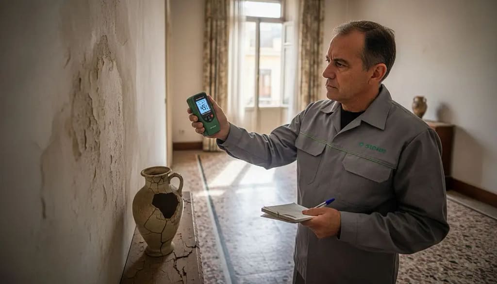 Experto revisa paso a paso el diagnóstico de humedades en un piso de Granada