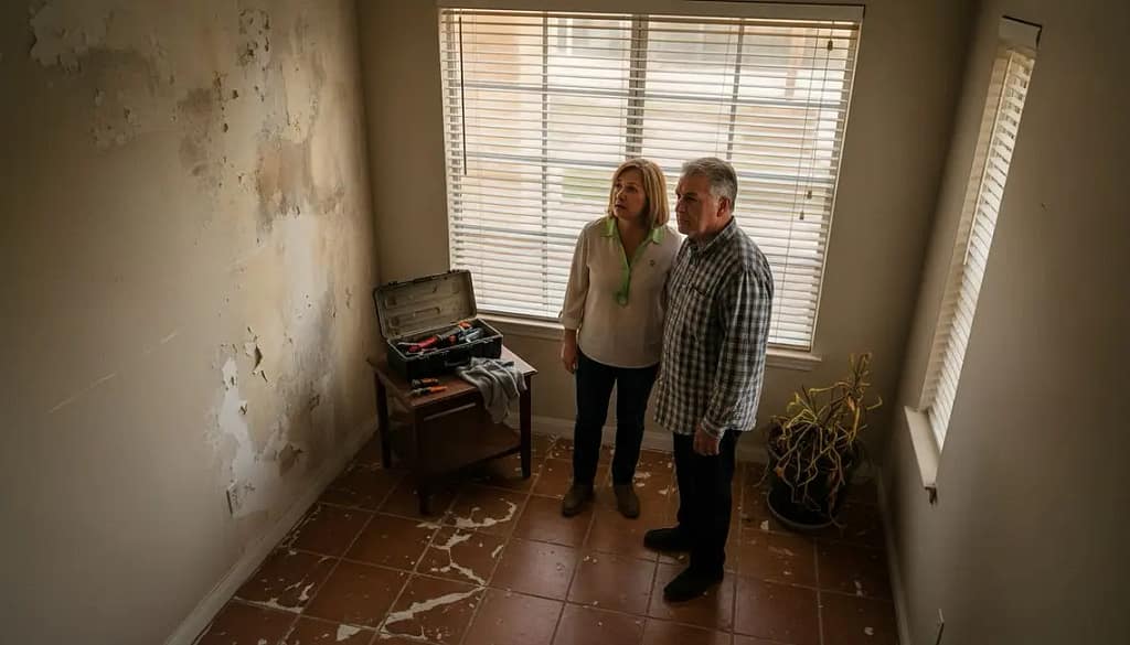 Propietarios de casa en Granada comprobando el impacto de la humedad por capilaridad y posibles soluciones