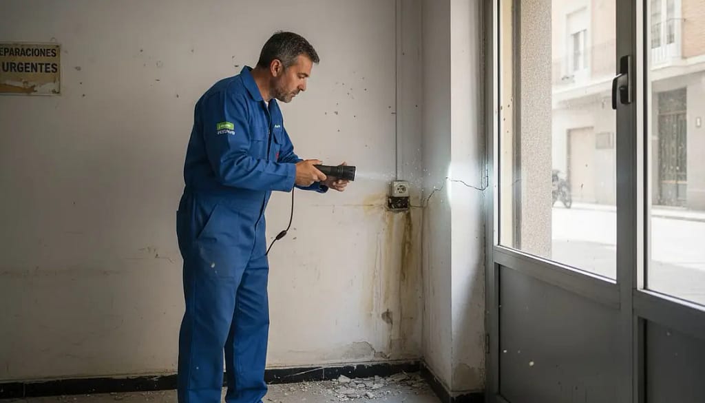 Técnico de humedades revisa humedad en un local