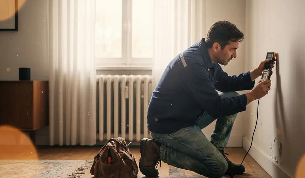 Técnico de humedad tomando medidas de humedad en pared