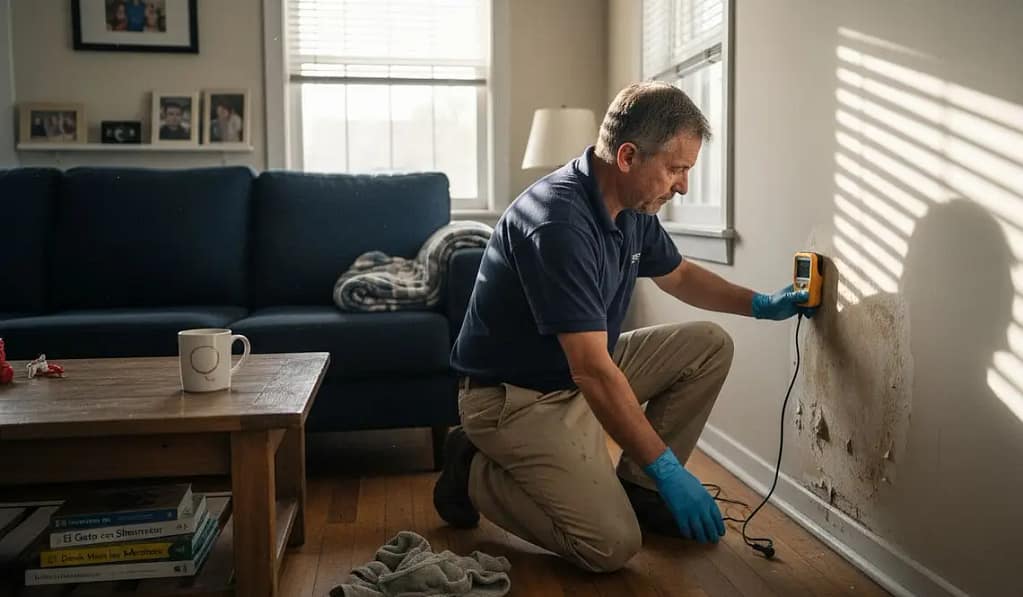 Técnico especialista midiendo humedades