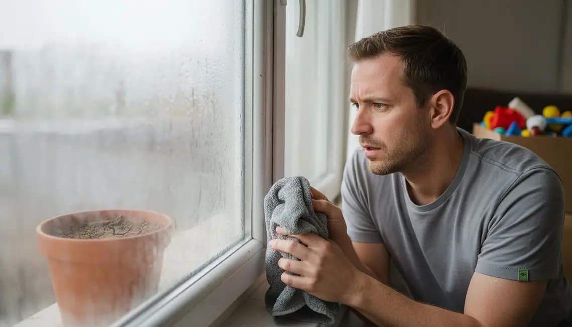 Hombre secando condensación en ventana