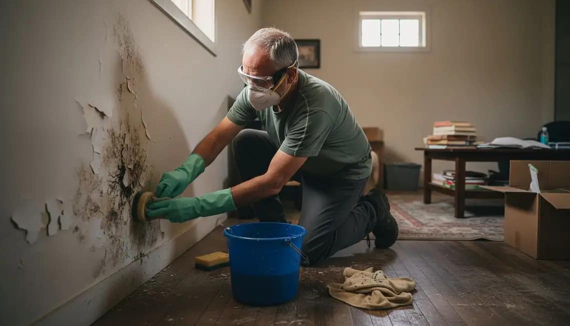 Hombre limpiando pared con humedad por condensación