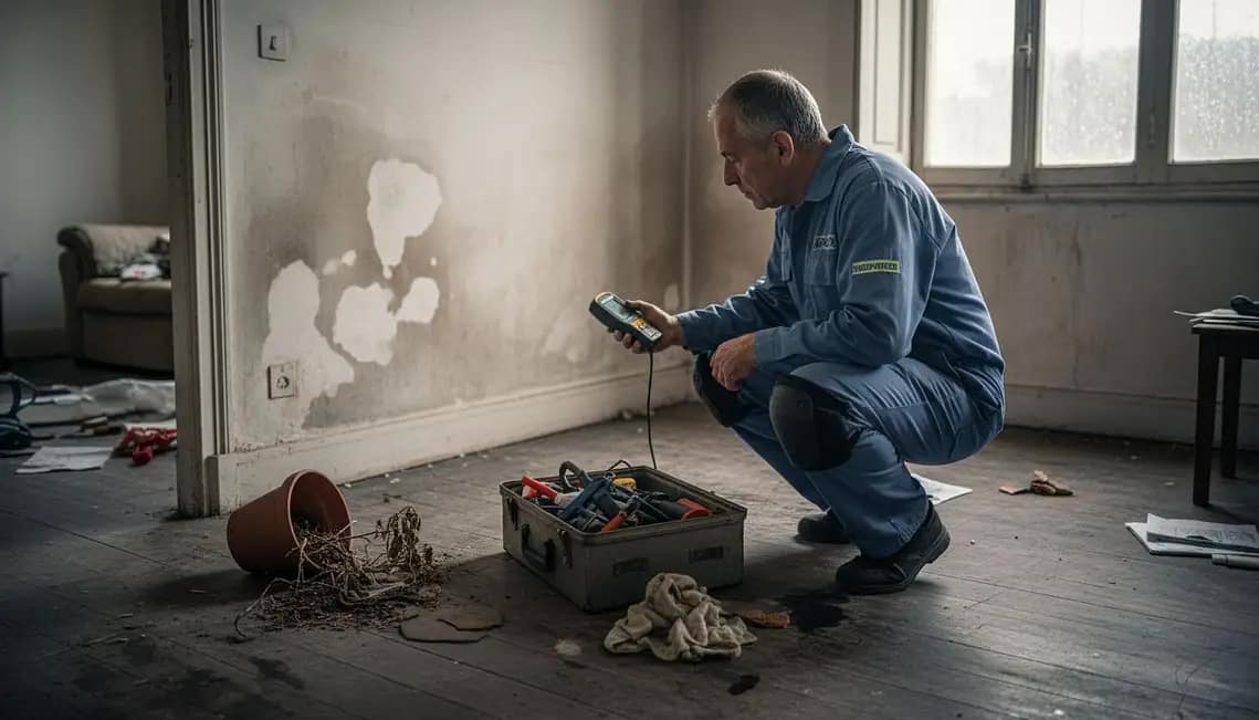 Profesional de humedades diagnosticando para una solución definitiva a las humedades en un piso de Granada