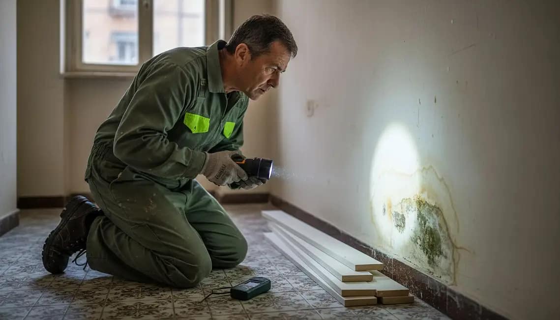 Profesional revisa una pared con humedad para eliminarla con garantía