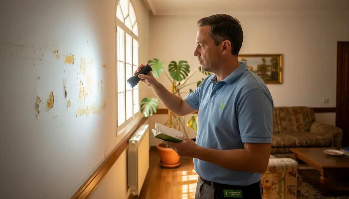 Tecnico inspecciona humedades en una pared de vivienda en Málaga