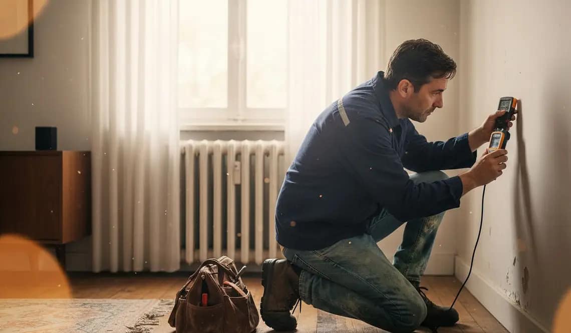 Técnico de humedad tomando medidas de humedad en pared