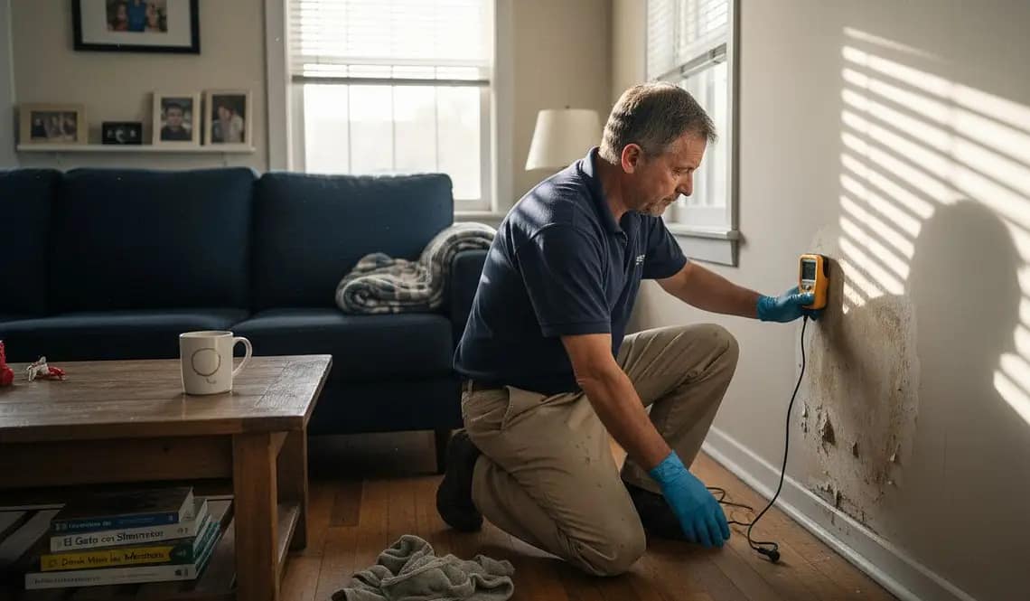 Técnico especialista midiendo humedades