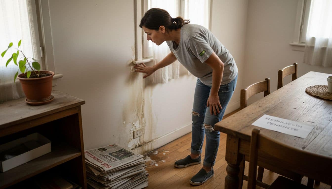 Persona inspeccionando una mancha de humedad en la pared de su casa