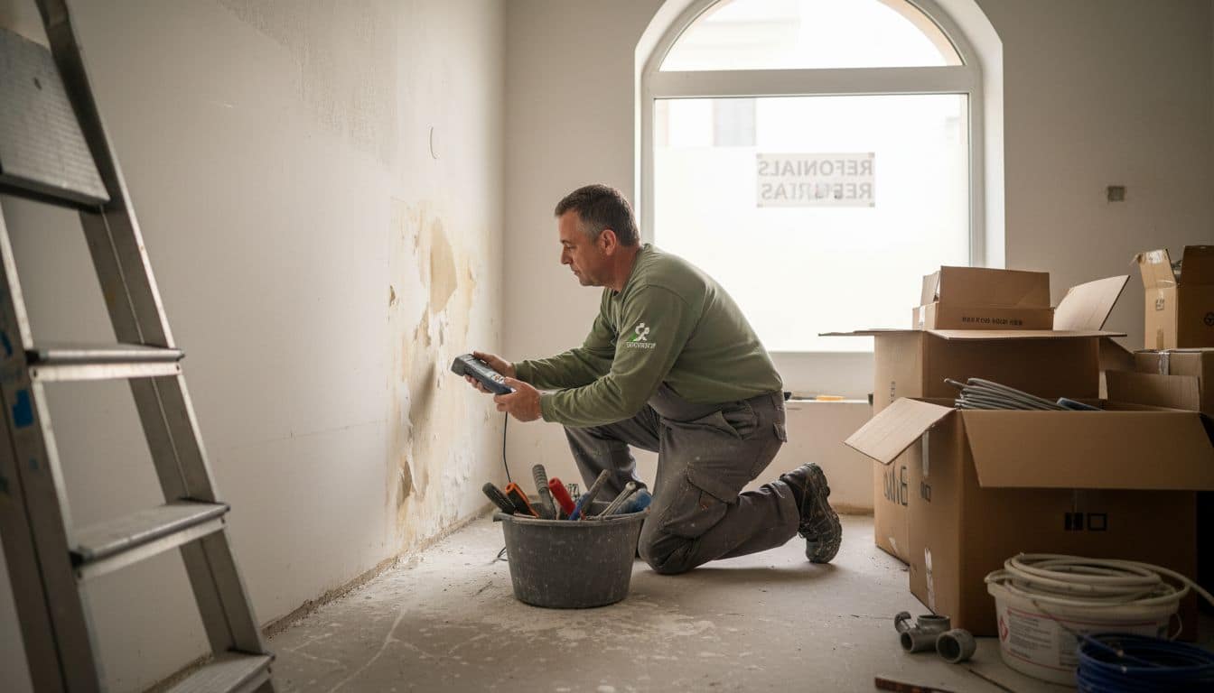 Especialista revisando la presencia de humedad en las paredes de un establecimiento comercial.